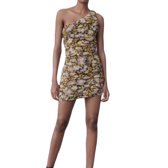 ZARA NWT One Shoulder Ruched Mini Dress Size XS in Floral Multi Print - Picture 2 of 14